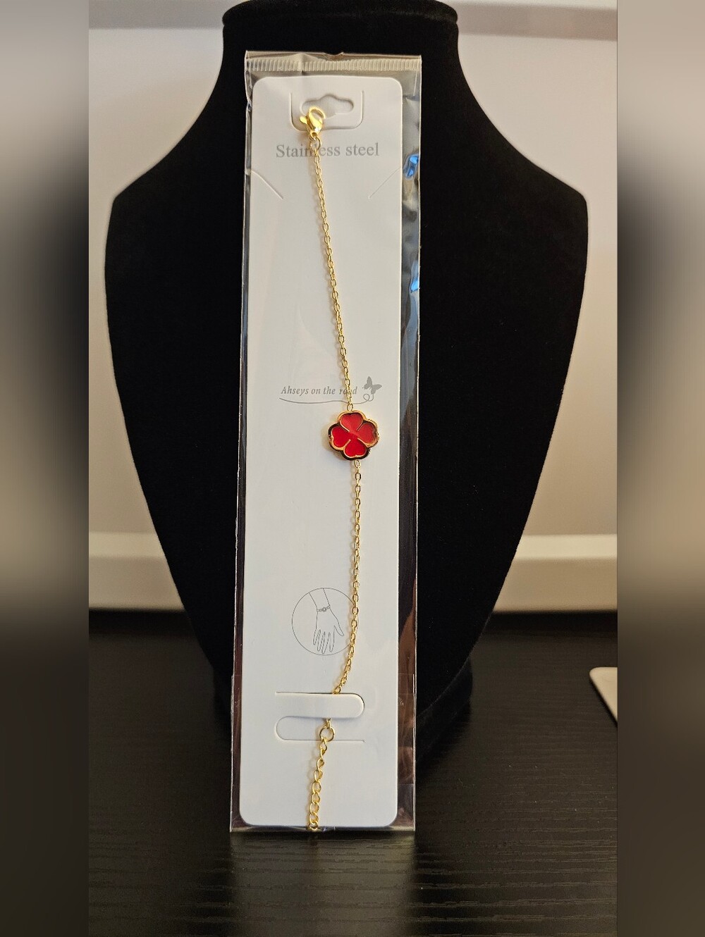 Gold Chain Bracelet with Red Flower Charm